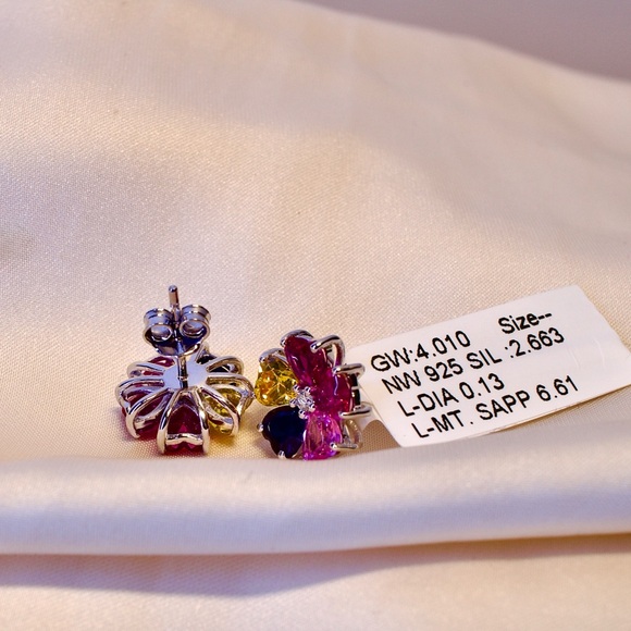 925 Silver Geometric Multi-Color Earrings | 6.61 CT Lab Sapphire+0.13 CT Diamond - Picture 5 of 11